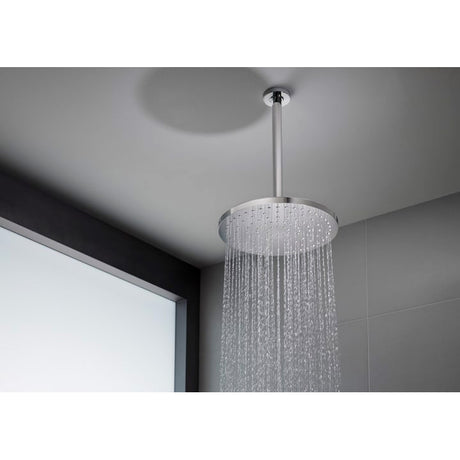 Douche de plafond Grohe, pommeau rond en acier inoxydable, couleur argenté.