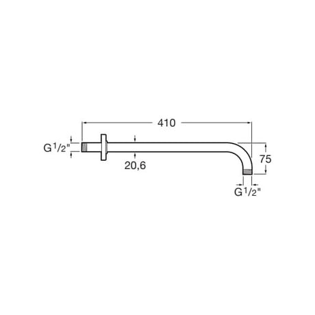 GROHE bras de douche mural chromé, acier, schéma technique avec dimensions 410 mm, 75 mm.