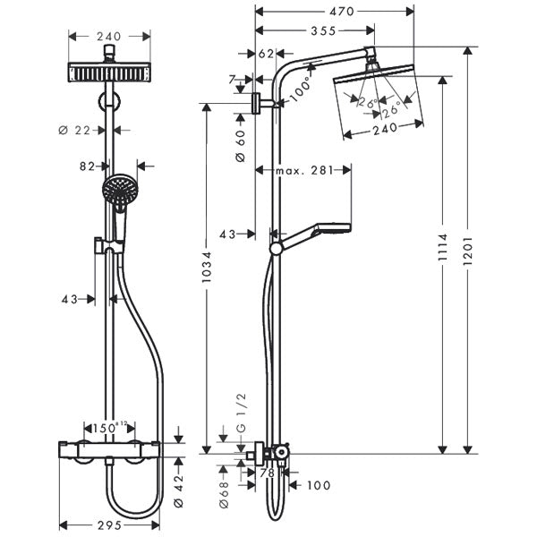 Colonne de douche Grohe, type mitigeur thermostatique, couleur chromé, avec schéma technique détaillé.