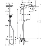 Colonne de douche Grohe, type mitigeur thermostatique, couleur chromé, avec schéma technique détaillé.