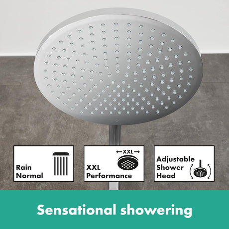 Pommeau de douche Grohe, couleur argent, tête ronde XXL, performance réglable.