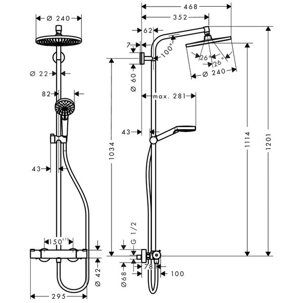 Douche colonne Grohe, couleur chromée, schéma technique avec dimensions détaillées