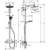 Douche colonne Grohe, couleur chromée, schéma technique avec dimensions détaillées