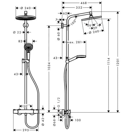 Douche colonne Grohe, couleur chromée, schéma technique avec dimensions détaillées