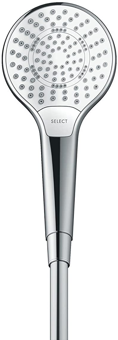 Pommeau de douche Hansgrohe, chromé, design moderne, boutons de sélection visibles.