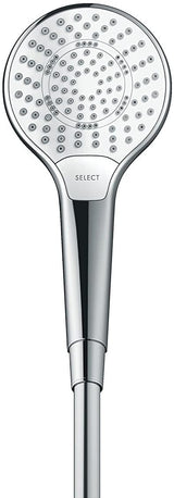 Pommeau de douche Hansgrohe, chromé, design moderne, boutons de sélection visibles.