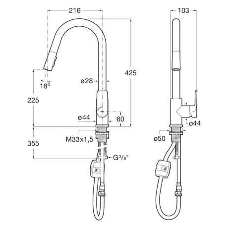 Mitigeur Grohe, robinet de cuisine chromé, schéma technique avec dimensions.