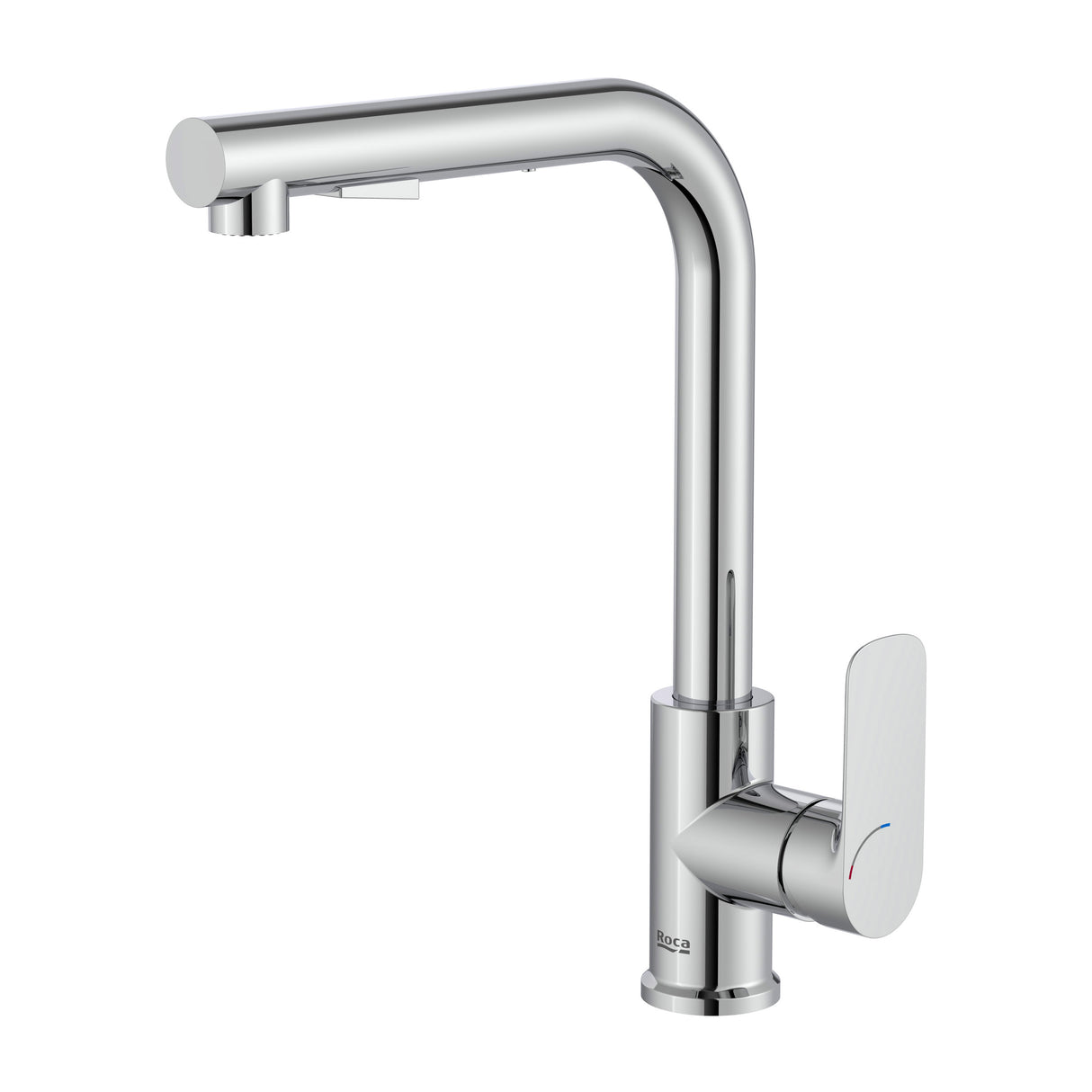 Mitigeur de cuisine chromé marque Roca, robinet design moderne couleur argent.