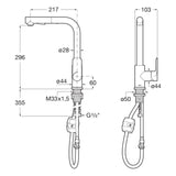 Mitigeur Grohe, robinet de cuisine chromé, schéma technique avec dimensions détaillées.