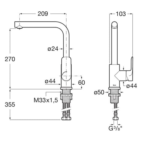 Mitigeur Grohe, robinet de cuisine chromé, dessin technique avec cotes détaillées