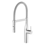 Mitigeur de cuisine chromé Grohe, robinet flexible, couleur argentée, design moderne.