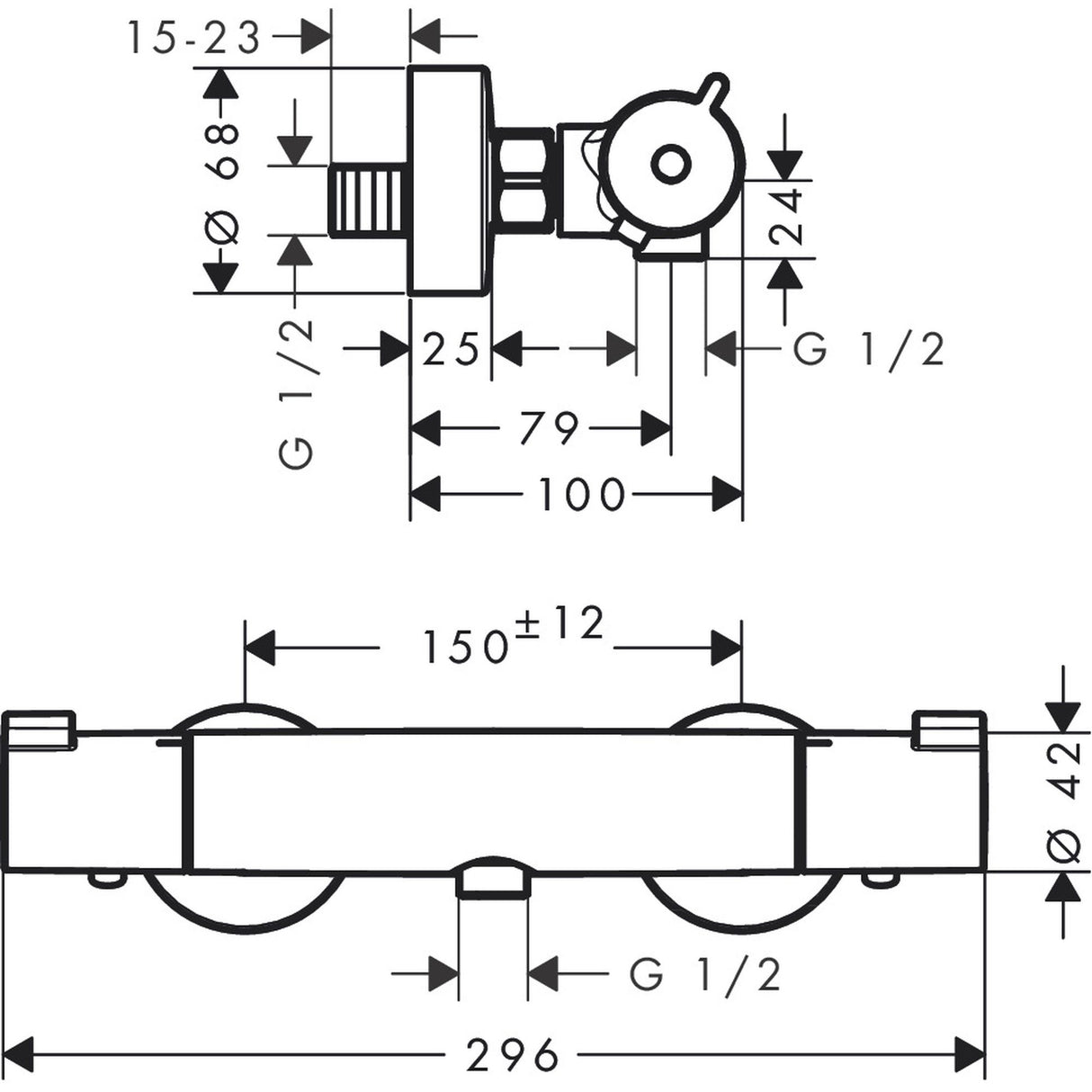 Schéma robinet mitigeur douche Grohe, couleur chromée, dimensions détaillées