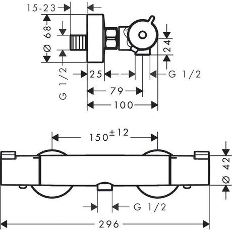 Schéma robinet mitigeur douche Grohe, couleur chromée, dimensions détaillées
