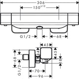 Mitigeur thermostatique Grohe, schéma technique, couleur chrome.