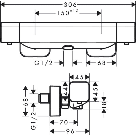 Mitigeur thermostatique Grohe, schéma technique, couleur chrome.