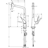 Mitigeur de cuisine Grohe, robinet inox, schéma technique avec dimensions détaillées.