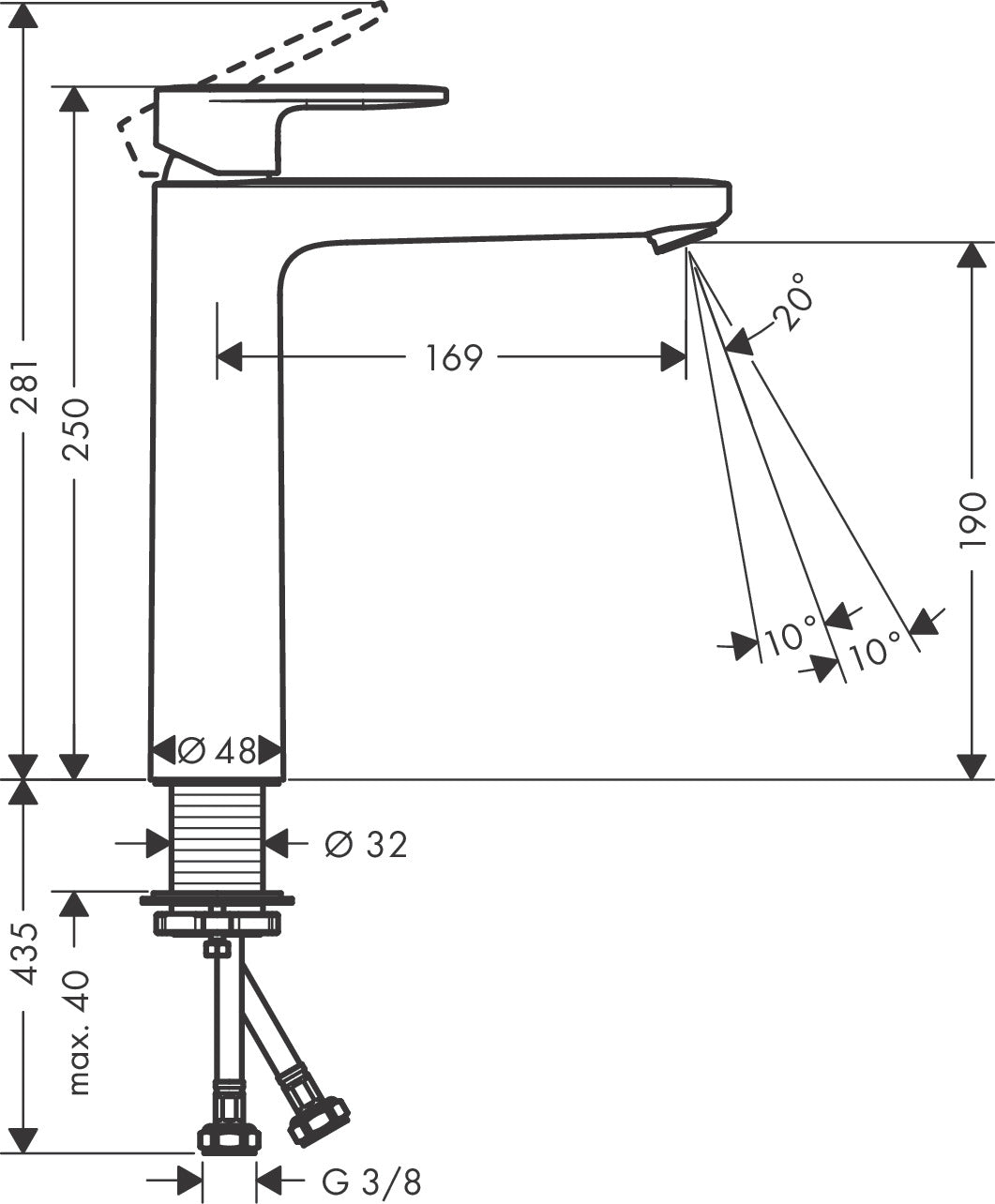 Mitigeur lavabo Grohe, robinetterie chromée, schéma technique avec dimensions détaillées.