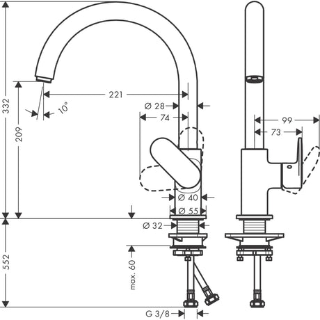 Robinet mitigeur Grohe, plan technique, couleur chromée, dimensions détaillées.