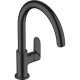 Mitigeur de cuisine noir Hansgrohe, robinet moderne à bec haut, finition mate.