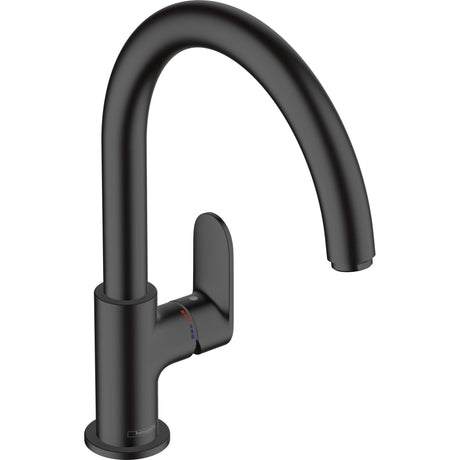 Mitigeur de cuisine noir Hansgrohe, robinet moderne à bec haut, finition mate.