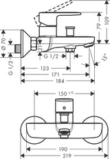 Mitigeur de baignoire Grohe, type robinet, couleur chromé, plan technique détaillé.