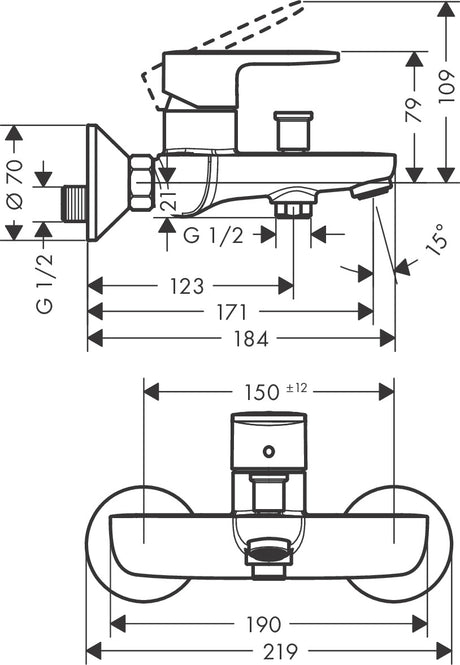 Mitigeur de baignoire Grohe, type robinet, couleur chromé, plan technique détaillé.