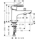 Mitigeur Grohe, robinet de lavabo chromé, schéma technique et dimensions.