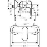 Mitigeur bain-douche Grohe, chrome, schéma technique avec cotes détaillées.