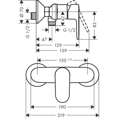 Mitigeur bain-douche Grohe, chrome, schéma technique avec cotes détaillées.