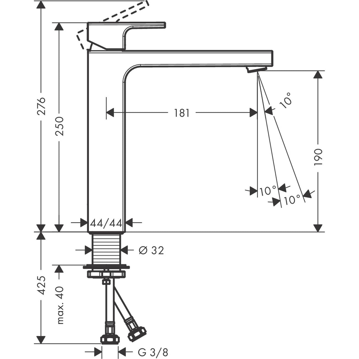 Mitigeur lavabo Grohe, type robinet, couleur chrome, schéma avec dimensions.