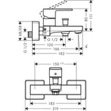 Schéma technique du mitigeur de bain-douche Grohe, robinet chrome, dimensions détaillées.