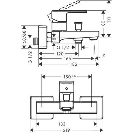 Schéma technique du mitigeur de bain-douche Grohe, robinet chrome, dimensions détaillées.