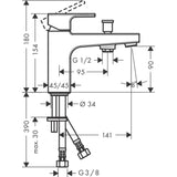 Schéma technique du mitigeur lavabo chromé Grohe, dimensions et détails de plomberie visibles.