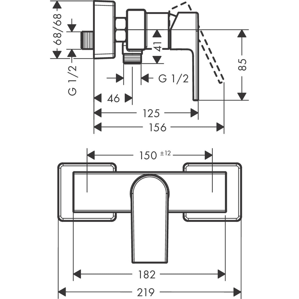 Schéma technique robinetterie Grohe, mitigeur mural, finition chromée, dimensions détaillées