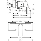 Schéma technique robinetterie Grohe, mitigeur mural, finition chromée, dimensions détaillées