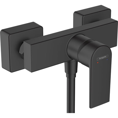 Mitigeur de douche Hansgrohe, robinet mural noir mat, design moderne.