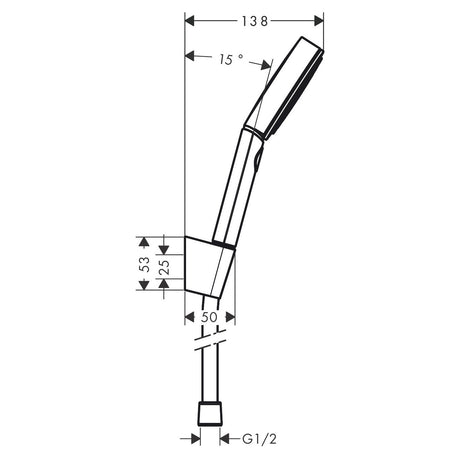 Douchette Grohe, pommeau de douche chromé, schéma technique avec dimensions.