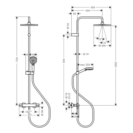 Schéma technique colonne de douche Grohe, type mitigeur thermostatique, couleur chromé.