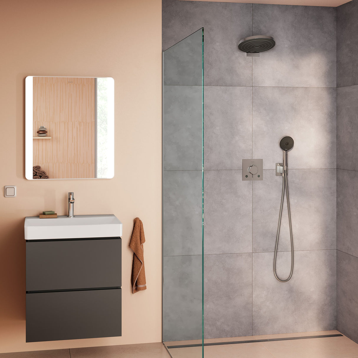 Douche Grohe, mitigeur et pommeau de douche gris, salle de bain moderne, couleur grise