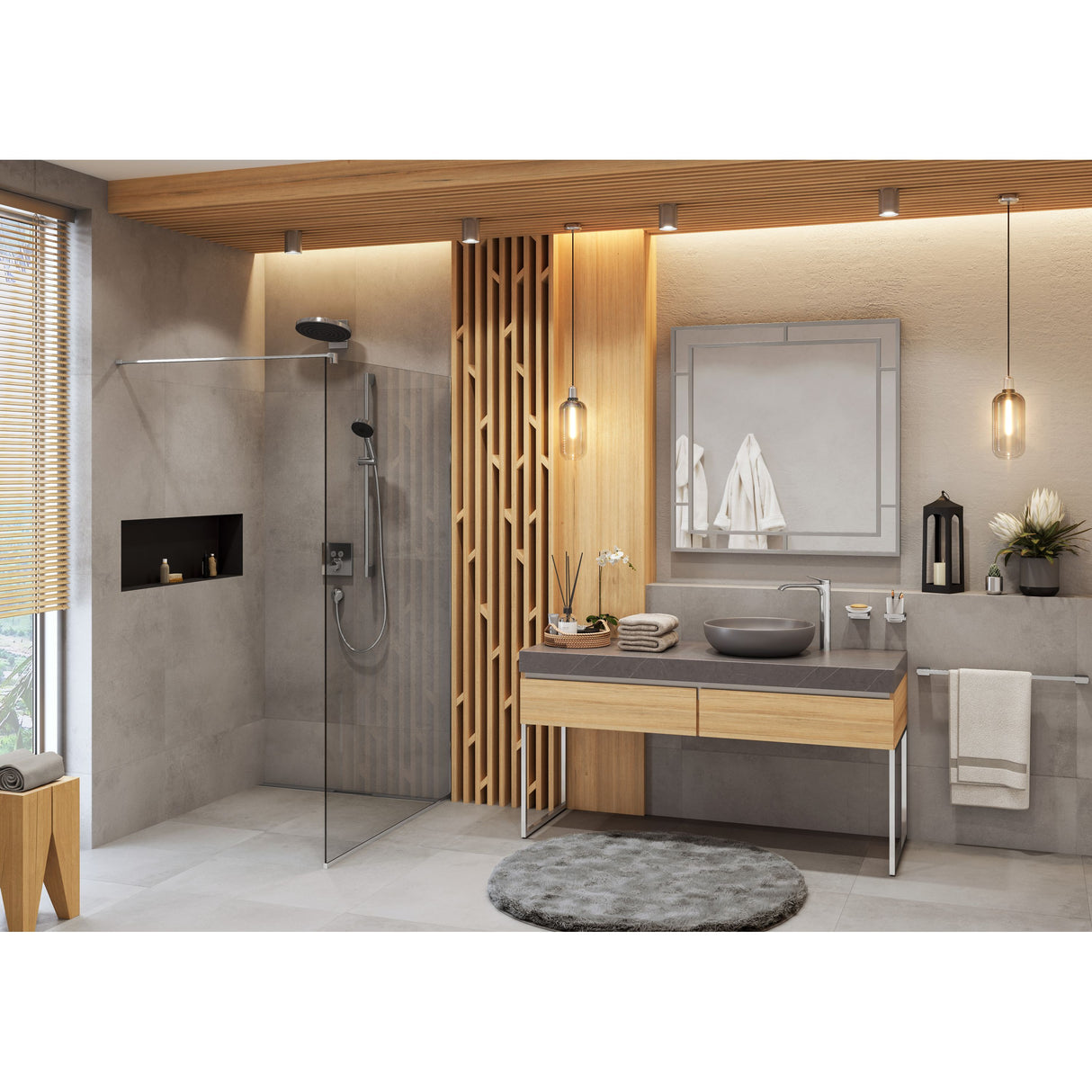 Douche italienne Grohe, robinetterie noire, salle de bain moderne couleur bois et gris