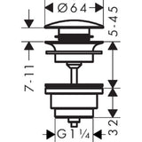 Bonde noire Grohe pour lavabo, schéma technique avec dimensions précises.