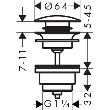 Bonde noire Grohe pour lavabo, schéma technique avec dimensions précises.
