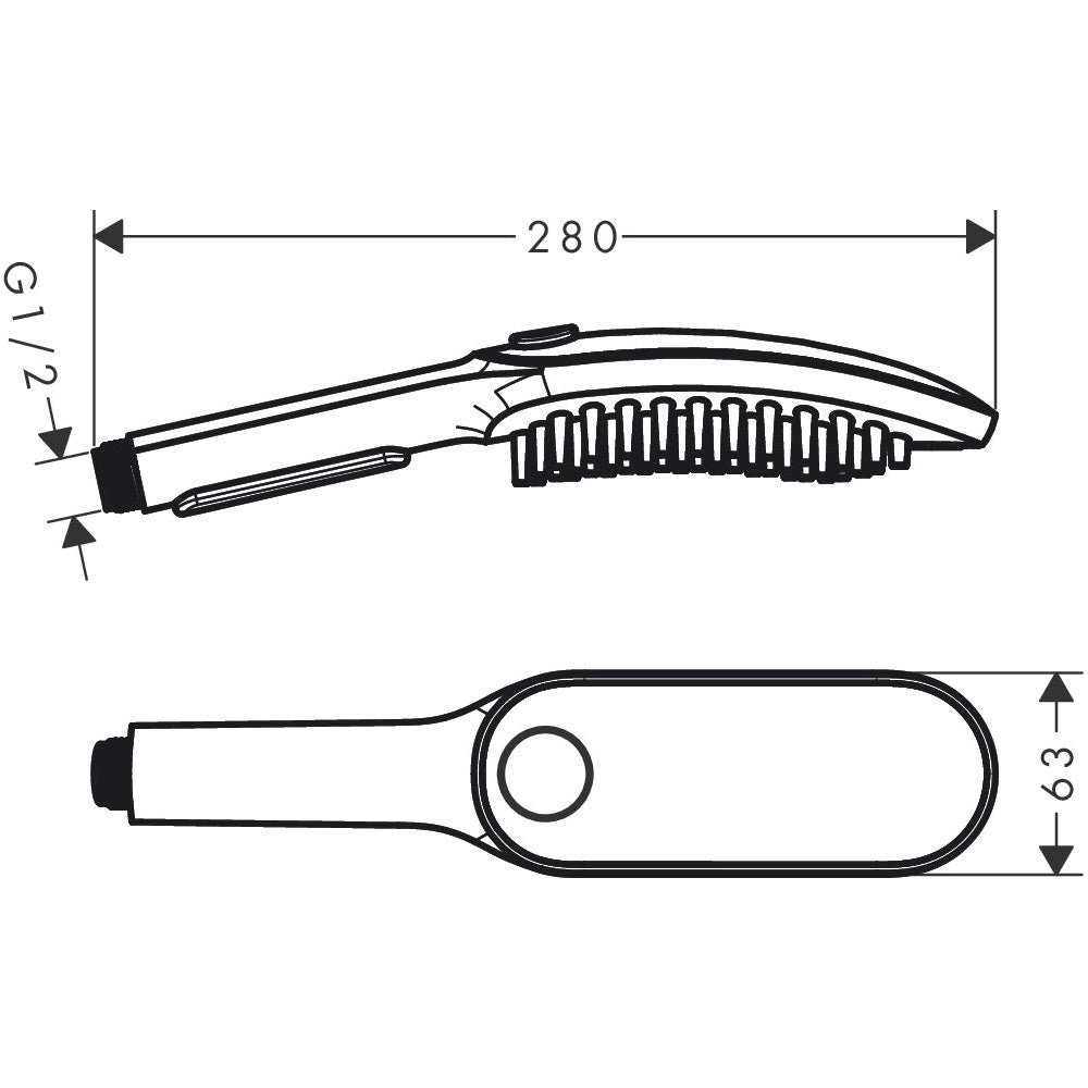 Douchette noire Grohe, schéma technique avec dimensions, accessoire sanitaire.