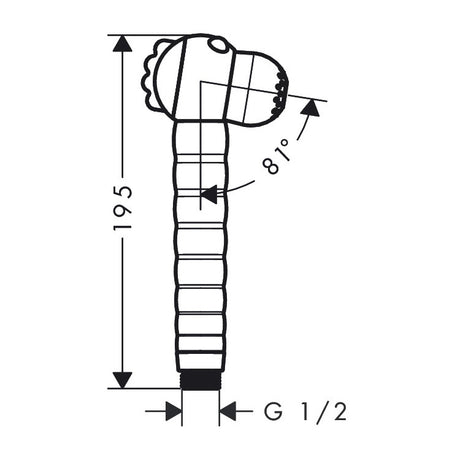 Douchette Grohe chromée, schéma technique avec dimensions, hauteur 195 mm, angle 81°.