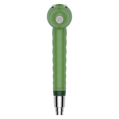 Douchette verte Hansgrohe en forme d’animal, type plomberie, finition ludique.