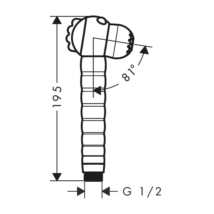 Douchette Grohe noire, schéma technique, dimensions 195 mm, angle 81°, raccord G 1/2.