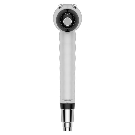 Douchette Hansgrohe grise, accessoire sanitaire avec finition chromée, vue de face