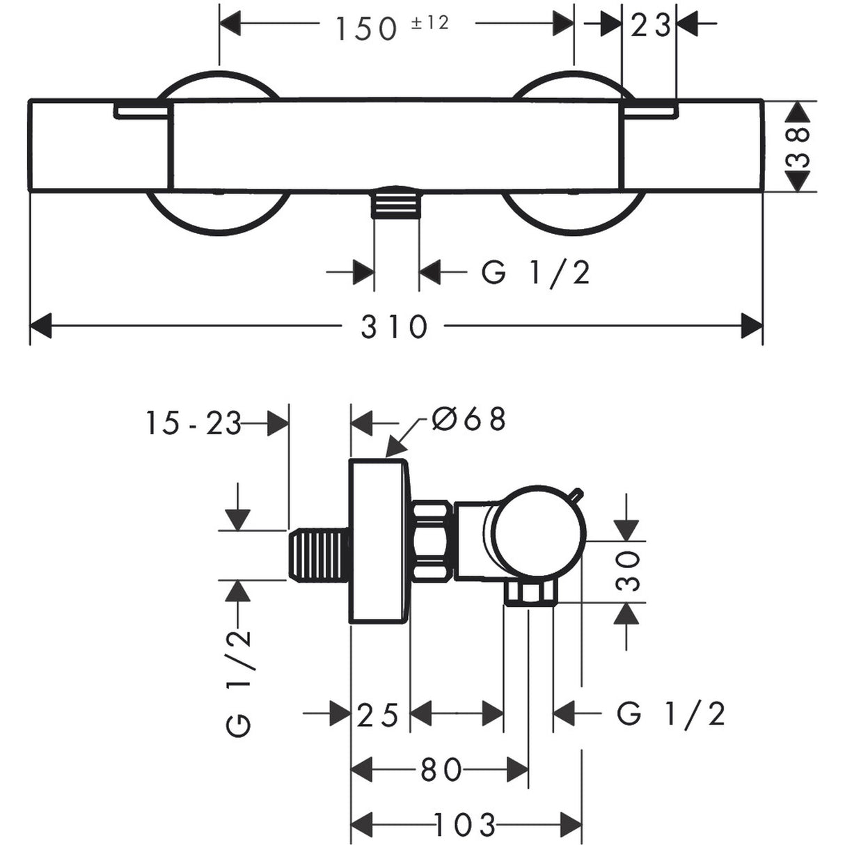 Schéma technique mitigeur thermostatique Grohe, robinetterie chromée, dimensions détaillées.