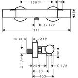 Schéma technique mitigeur thermostatique Grohe, robinetterie chromée, dimensions détaillées.