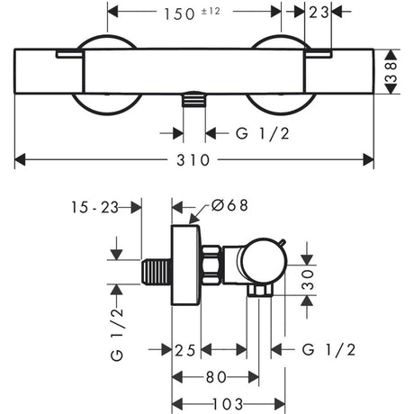 Schéma technique mitigeur thermostatique Grohe, robinetterie chromée, dimensions détaillées.